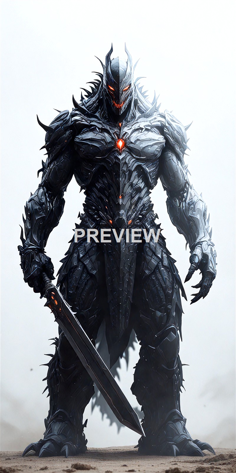 A tall, armored, humanoid creature with jagged black and silver armor, glowing orange eyes, and a menacing smile, holding a large sword.